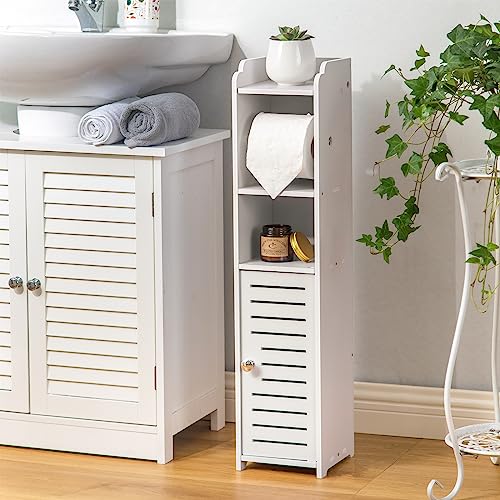 AOJEZOR Toilet Paper Holder Stand: No Drill PVC Small Bathroom Cabinet for Apartment Dwellers - Rental Deposit Protection - Small Space Storage Saving - color: White, size: 29.9 inch H