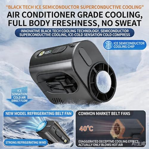 2026 AI Wearable Waist/Neck Hanging Fan,with Ice Cooler & Flashlight,10000mAh Rechargeable Clip On Belt Cooling Fan, 100-Speed 16000RPM Personal Body Fan,25H Work Time for Outdoor, Jobsite,Camping - color: Black