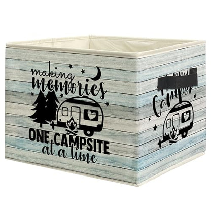 Rustic Camping Camper Storage Bin Box with Handles, Making Memories One Campsite at a Time Foldable Linen Fabric Laundry Basket for Home Bedroom Bathroom Clothes Toys Books(Blue) - color: Blue