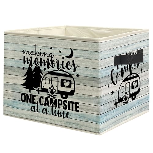 Rustic Camping Camper Storage Bin Box with Handles, Making Memories One Campsite at a Time Foldable Linen Fabric Laundry Basket for Home Bedroom Bathroom Clothes Toys Books(Blue) - color: Blue