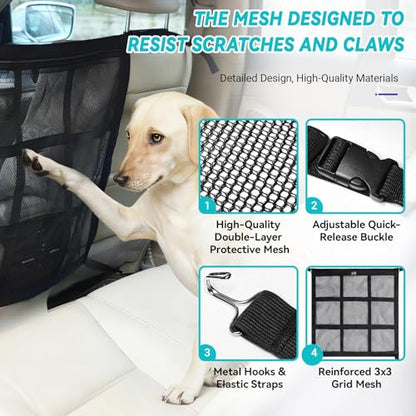 Dog Car Net Barrier,9-Grid Reinforced,Easy Install | Double mesh with zipper storage,Universal fit for SUVs, sedans & trucks,Breathable for AC flow,Keeps dogs safely in back.