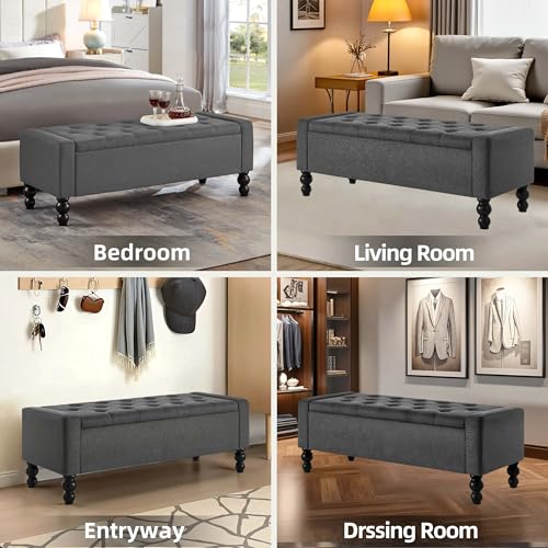 50" W Storage Ottoman Bench with Safety Hinge, Load up to 660 lb Ottoman with Storage, Upholstered Tufted Entryway Bench with Seating for Living Room, Bedroom, Entryway, Dark Gray - color: Dark Gray