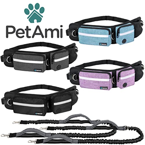 PetAmi Hands Free Dog Leash, Dog Running Leash Belt Bag for Walking, Jogging, Dog Waist Double Zipper Pouch with Poop Bag Dispenser, Dual Padded Handles Reflective Bungee Leash, Double (Charcoal Grey) - color: Charcoal Grey, size: 2 Leashes