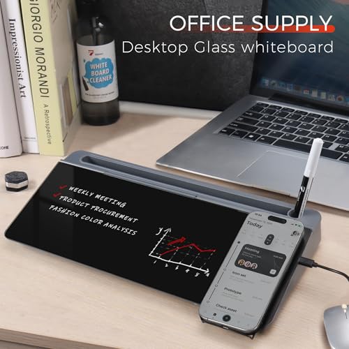 TOWON Glass Desk Whiteboard with Wireless Charger, Desktop Dry Erase Board with Storage & Phone Stand – Compact ~16 x 7 in, Black – Includes Marker & Eraser, Tempered Glass, Rewrite Reusable - color: Black Charger