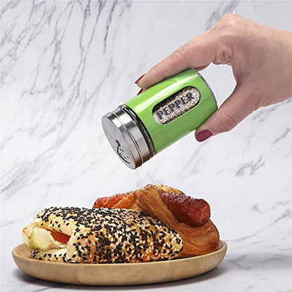 Salt and Pepper Shakers Stainless Steel and Glass Set with Adjustable Pour Holes (Green) - color: Green