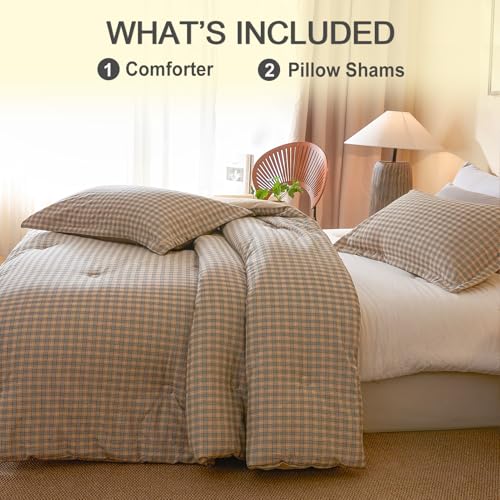 100% Cotton Comforter Set King Size – Reversible Yarn-Dyed Checkered Design, Soft Washed Cotton on Both Sides, Lightweight All-Season Bedding, Machine Washable(Beige Plaid, 104”x90”) - color: Beige, size: King(104"x90")