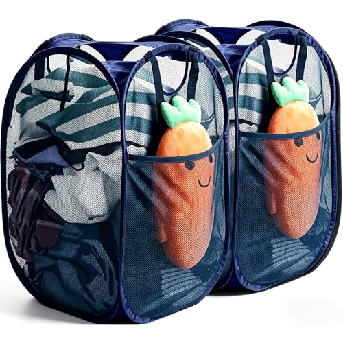 2 Pcs Strong Mesh Pop up Laundry Hamper,House Again Collapsible Laundry Basket with Durable Handles Solid Bottom High Carbon Steel Frame, Space-Saving, Easy to Open and Fold Flat for Storage(Blue) - color: Blue, size: 2-Pack