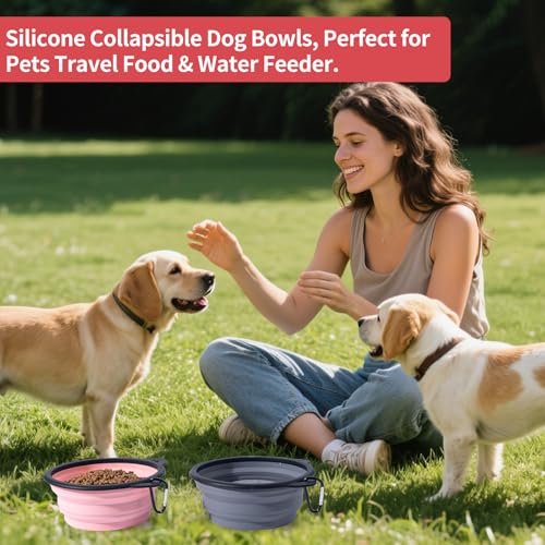 2Pack Silicone Collapsible Dog Bowls, Cute Pet Ear Shape and Cat Graphic Travel Water Bowl Full of Pet Atmosphere 25oz Portable Feeder for Small Large Dog Walking Hiking Camping (Pink and Grey) - color: Pink and Grey