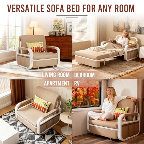 42.5" Pull Out Sofa Bed, 3 in 1 Convertible Sleeper Sofa, Single Loveseat Couch Bed with Storage, Trundle and 2 Pillows for Living Room, Bedroom, Dorm, Office, RV (Saddle Tan) - size: 40"- Single