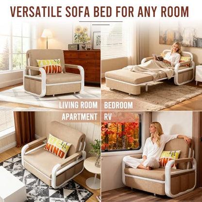 42.5" Pull Out Sofa Bed, 3 in 1 Convertible Sleeper Sofa, Single Loveseat Couch Bed with Storage, Trundle and 2 Pillows for Living Room, Bedroom, Dorm, Office, RV (Saddle Tan) - size: 40"- Single