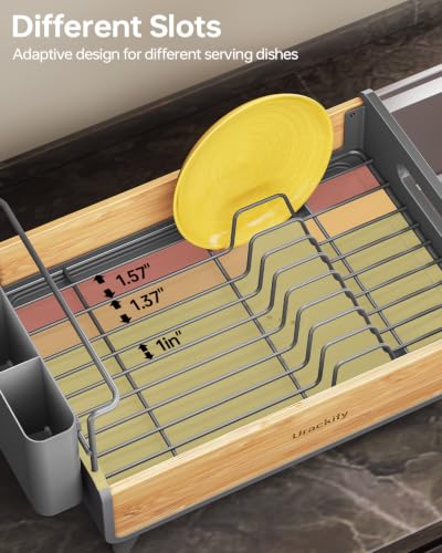 Urackify Dish Drying Rack for Kitchen Counter - Stainless Steel & Bamboo Dish Rack with Large Removable Utensil Holder, Dish Drainer with Adjustable Automatic Spout, Grey - color: Gray, size: 1 Tier