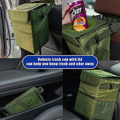 Kewucn Car Trash Can with Lid, Waterproof Mini Auto Garbage Can, Leak-Proof Vehicle Organizer and Storage Pockets, Hanging Collapsible Trash Bin, Universal Accessories for Most Cars (Army Green)