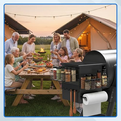 Maxdot 2 Pack Magnetic Storage Bins for Pellet Smoker Grill, 1 Large & 1 Small Grill Caddy with Paper Towel Holder and Hooks, BBQ Organizer Accessories for Most Pellet Grills - style: 1 Large + 1 Small Bin Set