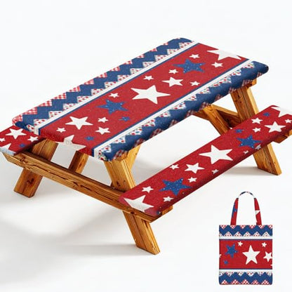 Picnic Table Cover with Bench Covers Elastic Edges, Outdoor Patio Camping Essentials 72 Inch 3PCS, Waterproof Camping Fitted Tablecloth with Handbags (Red White Blue Star Stripe) - color: American Elements, size: 72" x 30" (Rectangular)