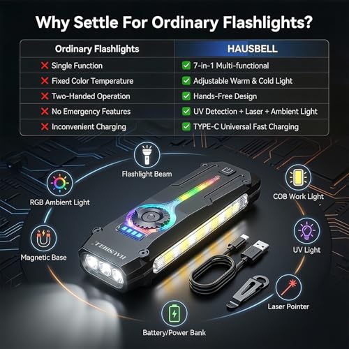 HAUSBELL Flat EDC Flashlight,1800 Lumen UV Magnetic Rechargeable Pocket | Stepless Dimming Dial,Stainless Steel Body,RGB+UV,USB-C Fast Charge,Magnetic Base,Waterproof, for Work,Camping & Emergency - color: Black