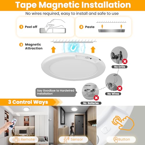 SunRider 2-Pack Rechargeable Motion Sensor LED Ceiling Light with Remote, Wireless Battery Operated 3CCT Dimmable Closet Lights for Shower Pantry - size: 2 Count (Pack of 1)