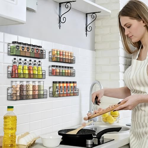 Wall Mounted Spice Rack Organizer, Pantry Door Organizer & Hanging Storage Baskets, Metal Spice Shelf for Kitchen Cabinet, 3 Depth Sizes Hold Large Jars to Nail Polish Bottles, 6 Pack - size: 6 Tier
