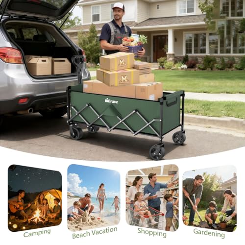 Extra Long Collapsible Wagon Cart, 480LBS Heavy Duty Utility Wagons with All-Terrain Wheels, Foldable Grocery Carts for Gardening, Shopping, Beach, Camping, Army Green - color: Army Green