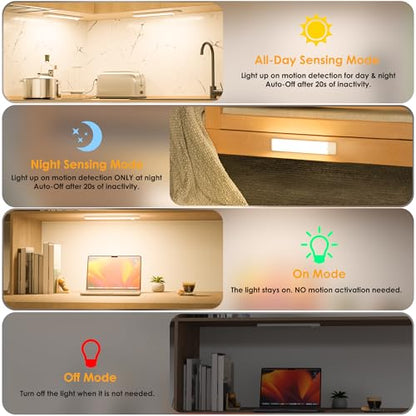 Motion Sensor Under Cabinet Lights, Magnetic Rechargeable Under Counter Closet Light, Wireless Night Light Bar Stick-On, 2-Pack, Warm White - color: Warm White, size: 8 inch