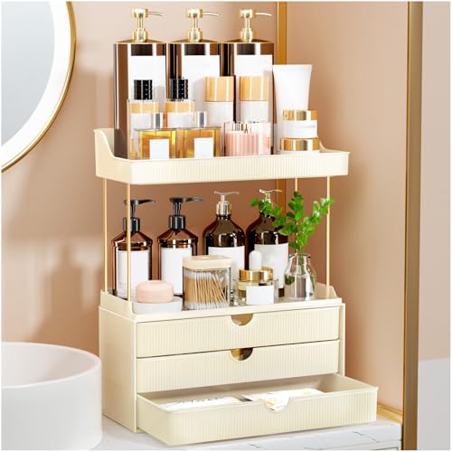 StorBin 3 Drawers Bathroom Vanity Organizer Sidesplashes- 5 Tier Makeup Organizer, Versatile Perfume Organizer, Ideal for Bathroom Storage, Vanity, Large Skincare, Perfume, Present, Cream White - color: Cream White, size: 3 Drawers
