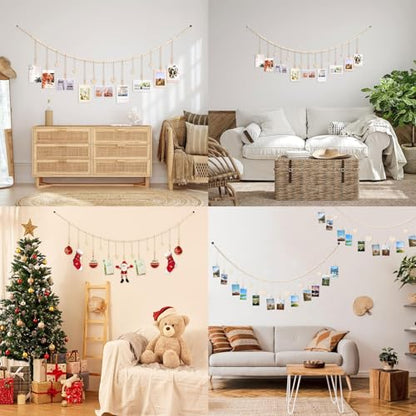 1 Pack Hanging Photo Display with Clips, Photo String with Clips, Boho Wall Decor Wooden Beads Garland with 9 Clips for Living Room, Bedroom, Dorm, Classroom (1Pack)