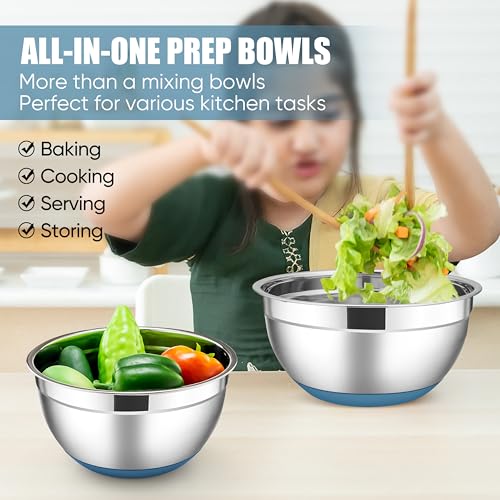 E-far Stainless Steel Mixing Bowls with Lids Set, 5-Piece Nesting Salad Bowls with 3 Grater Attachments and Non-Slip Bottoms, Size 4.6, 2.6, 2, 1.5, 1QT for Kitchen (Blue) - color: Blue, size: 5 Regular Sizes