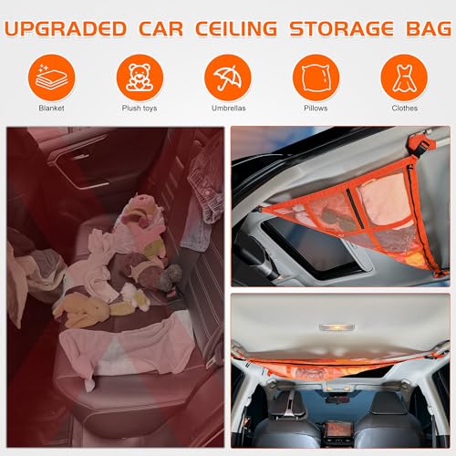 3 Handles Car Ceiling Cargo Net for Inside Car Roof,Interior Mesh Storage,Truck SUV Travel Long Road Trip Camping Interior Accessories 35.4"x25.6",Orange - size: 35.4"x25.6"