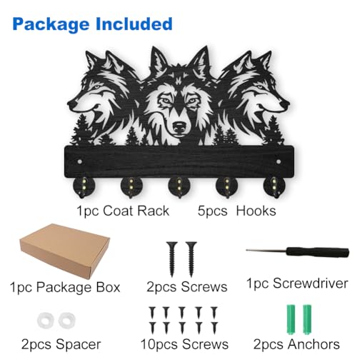 MAYJOYDIY Wood Wolf Wall Mount Coat Rack 11.8×8inch Wolf Forest Key Holder for Wall Coat Rack Wolf Key Hook 5 Alloy Hooks Animal Theme Wall Art Hook Gift for Hallway Office Living Room - color: Wolf