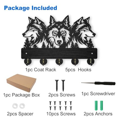 MAYJOYDIY Wood Wolf Wall Mount Coat Rack 11.8×8inch Wolf Forest Key Holder for Wall Coat Rack Wolf Key Hook 5 Alloy Hooks Animal Theme Wall Art Hook Gift for Hallway Office Living Room - color: Wolf