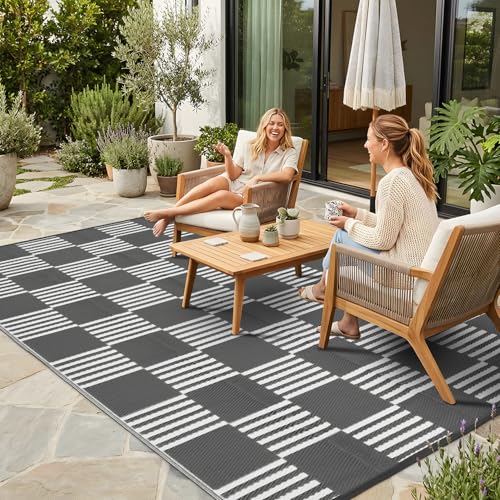 Garvee Waterproof Outdoor Rug 6x9, Checkered Foldable Plastic Straw Patio Camping Rug, Outdoor RV Carpet for Deck Camper Porch Balcony Backyard Picnic Beach Gray and White - color: Gray & White, size: 6' x 9'