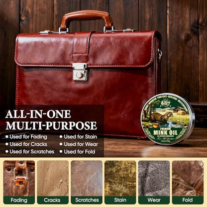 Leather Boot Care Kit - Mink Oil,Saddle Soap,Horsehair Brushes,Applicator & Microfiber Cloth,Flannel bag,Leather Shoe Care Kit for Cowboy Boots Work Boots, Shoes, and Tack
