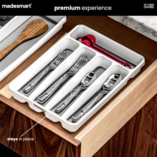 madesmart Small Silverware Tray, Compact 5 Compartment Flatware Organizer for Forks, Knives & Spoons, Non Slip, Soft Grip Lining, Fits Small Drawers, White - color: White
