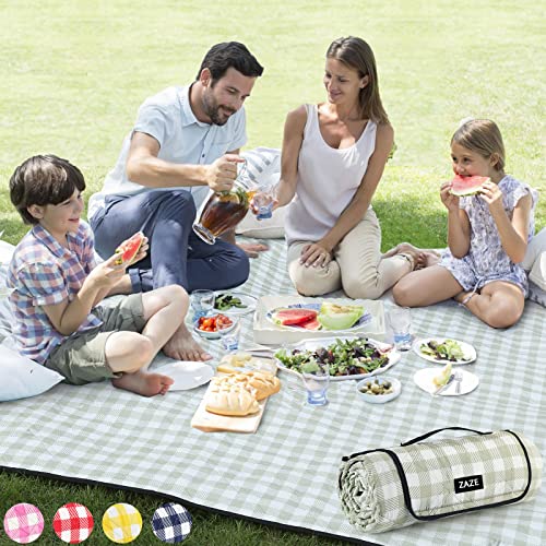 ZAZE Extra Large Picnic Outdoor Blanket, 80''x80'' Waterproof Foldable Blankets Gingham Picnic Mat for Beach, Camping Grass Lawn Park Accessories Cute Couple Gifts Ideas Wedding Registry(Green White) - color: Green and White