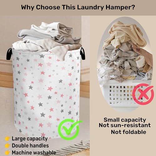 Cute Pink Stars Foldable Canvas Laundry Basket with Handles - Toy Organizer, Heavy Duty for Home，Bedroom, Dorm, Bathroom - color: Cute Pink Stars