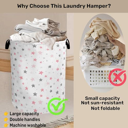 Cute Pink Stars Foldable Canvas Laundry Basket with Handles - Toy Organizer, Heavy Duty for Home，Bedroom, Dorm, Bathroom - color: Cute Pink Stars