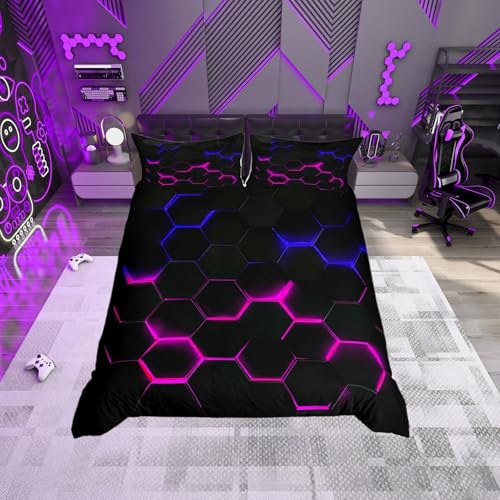 3D Honeycomb Duvet Cover Set King Size,Hexagon Theme with Pink Blue Neon Lights Comforter Cover,Boys Teen Man Chic Creative Home Bedding Quilt Cover 3 Piece with 2 Pillowcases,Black - color: Multi 01, size: King 104"x90"