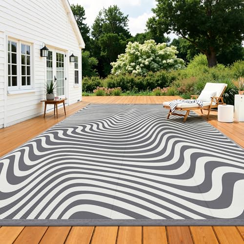 Vaukki Outdoor Patio Rug 9x12, Waterproof Woven Plastic Straw Camping Area Mat, Grey RV Striped Outside Reversible Carpet Clearance for Porch Backyard Deck Balcony - color: Wave-grey, size: 9' x 12' (Rectangular)