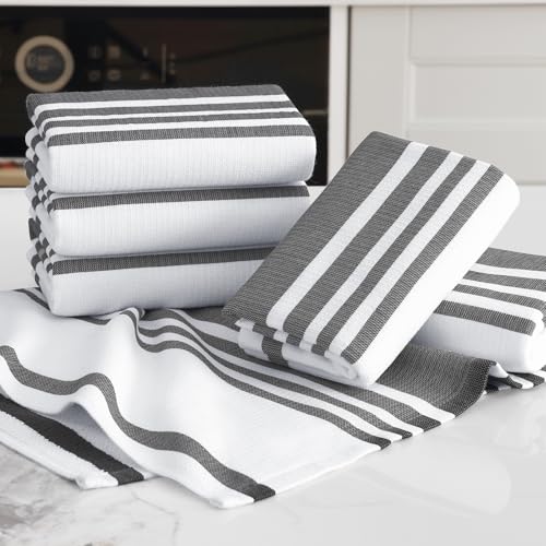 Homaxy Premium Kitchen Towels 18”x 28”, Large Cotton 380 GSM Kitchen Hand Towels, Stripe and Terry Dish Towel, Highly Absorbent Tea Towel Set with Hanging Loop, 3 Pack, Black - color: Black Stripe, style: 3-pack