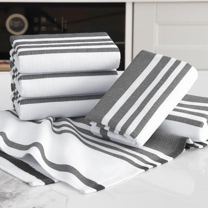 Homaxy Premium Kitchen Towels 18”x 28”, Large Cotton 380 GSM Kitchen Hand Towels, Stripe and Terry Dish Towel, Highly Absorbent Tea Towel Set with Hanging Loop, 6 Pack, Black - color: Black Stripe, style: 6-pack