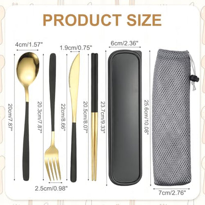 uxcell Travel Utensils with Case, Stainless Steel Portable Silverware, Black/Gold - color: Black/Gold
