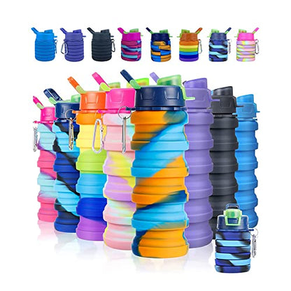 Collapsible Silicone Bottles 2 Pack - Expandable 500ml Portable Sport Bottles with Carabiner for Travel & Camping (Blue Camo + Pink Camo) - color: Blue Camouflage+Pink Camouflage