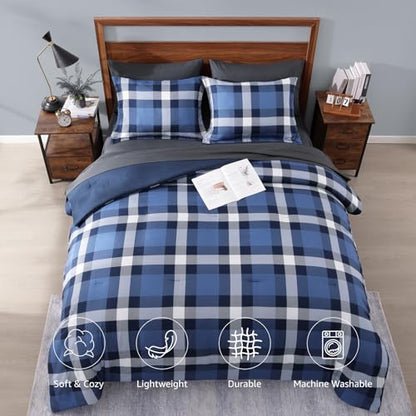 MaiRêve Queen Size Plaid Comforter Set Indigo Blue, Classic Checkered 7 Pieces Farmhouse Bedding Set, All Season Lightweight Bed in A Bag with Sheets, Pillowcases & Shams - color: Indigo Blue, size: Queen