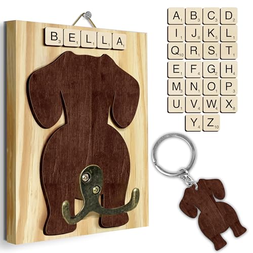Dachshund Dog Leash Holder Wall Mount with Scrabble Letters, Wooden Dog Wall Hook Organizer, Pet Collar and Harness Holder for Entryway, Key Hook and Leash Rack, Pet Lovers Gift Home Decor PF297-30 - color: Dachshund, size: 7.8″ x 5.5"