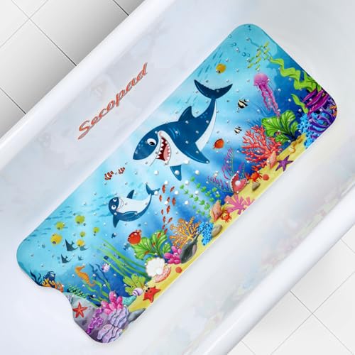 Secopad Bath Mat for Tub Non Slip, Machine Washable Anti-Slip Cartoon Baby Bathtub Shower Mat with Drain Holes and Suction Cups for Toddler & Kids, 40in x 16in, Sharks - color: Sharks, size: 40" x 16" (Rectangular)