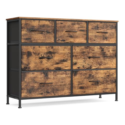 SONGMICS BELLAH Collection - Dresser for Bedroom, Chest of Drawers, Storage Organizer Unit, Closet, Entryway, Steel, 7 Drawers, Industrial, Rustic Brown and Ink Black ULGS323B02S - color: Rustic Brown + Ink Black, size: 11.8"D x 38.9"W x 29"H (7 Drawers)
