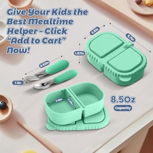 Silicone Snack Containers for Kids, Green, 8.5Oz, 2-Compartment | Includes Spoon and Fork, BPA Free, Leak Proof, Great for Toddler/Kid/Adult Meal Prep - color: green