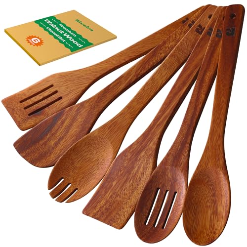 Riveira Walnut Wooden Spoons for Cooking Set of 6 – Natural Walnut Wooden Cooking Utensils, Spatula, Spoon - Premium Quality Utensil Set for Non-Toxic Cooking - color: Walnut, size: Set of 6