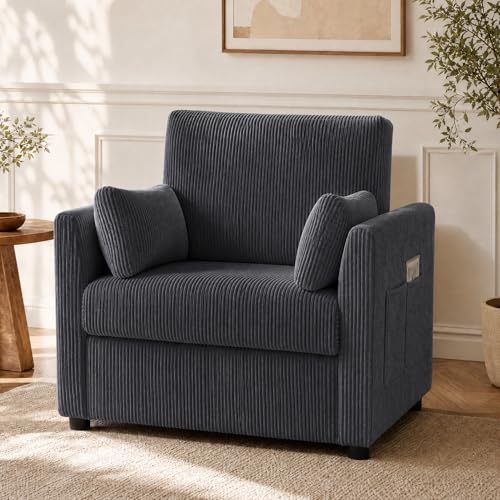38" Modern Accent Chair, Corduroy Chair with Soft Pillows and Side Pockets, Comfy Single Reading Chairs for Living Room, Bedroom Grey - color: Chair & Grey 38"