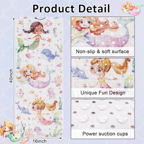 Topotdor Baby Bath Mat, Cartoon Bath Mat for Tub Non Slip Kids, 40x16 Inch Extra Long Toddler Bathtub Mat with Drain Holes & Suction Cups, Machine Washable Anti-Slip Shower Mat, Mermaid - color: Mermaid