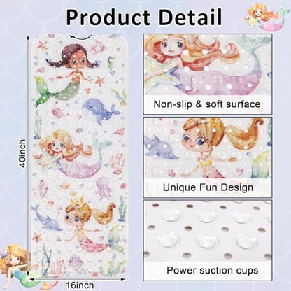 Topotdor Baby Bath Mat, Cartoon Bath Mat for Tub Non Slip Kids, 40x16 Inch Extra Long Toddler Bathtub Mat with Drain Holes & Suction Cups, Machine Washable Anti-Slip Shower Mat, Mermaid - color: Mermaid